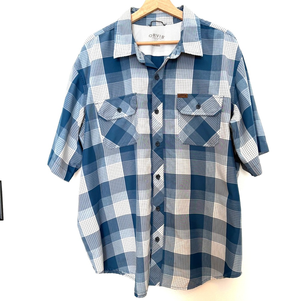 Orvis Men's, Blue & White Plaid Short Sleeve Button-Down Shirt. Size XXL